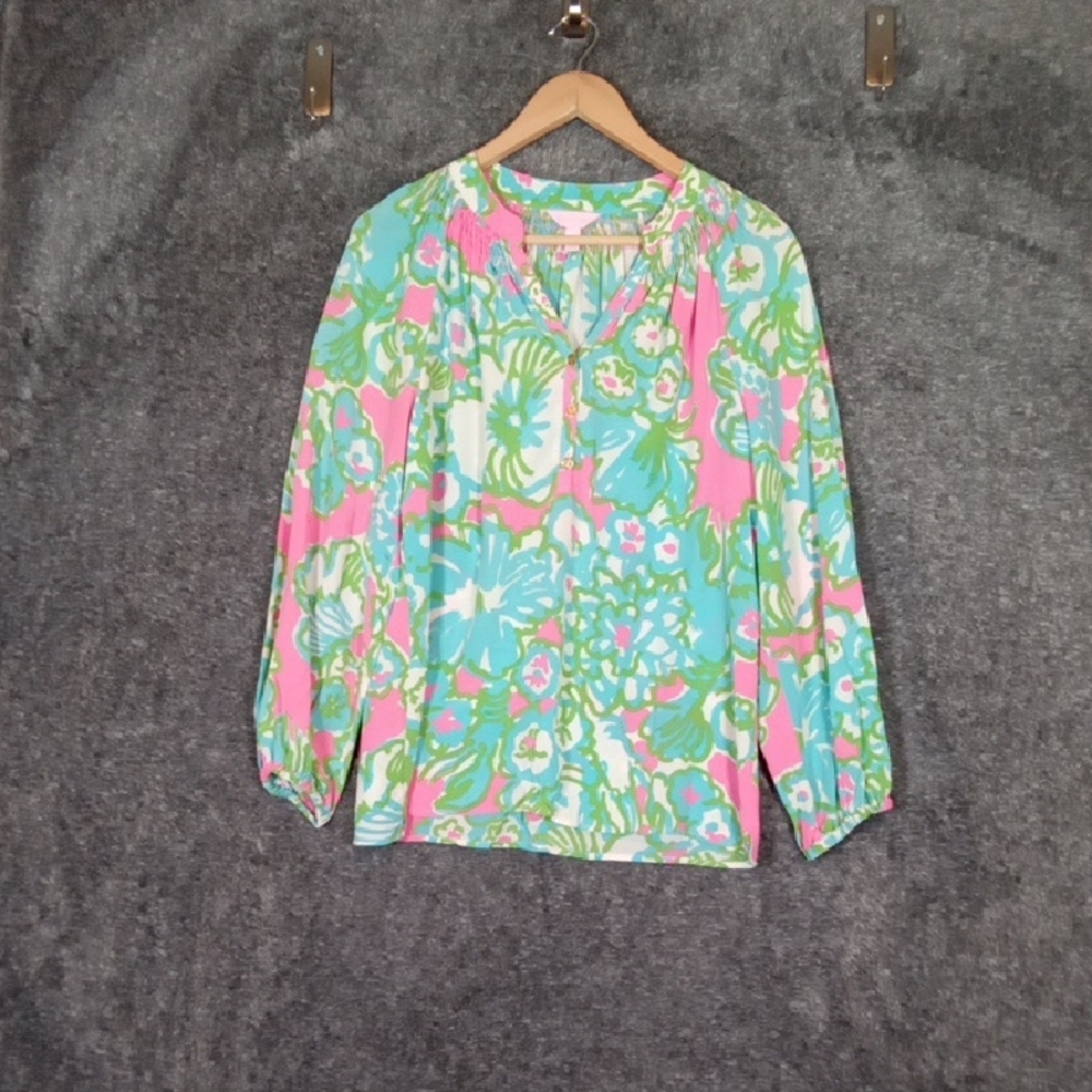 Lilly Pulitzer Vibrant Floral Blouse - Pink and Green Elsa Silk Womens Blouse S